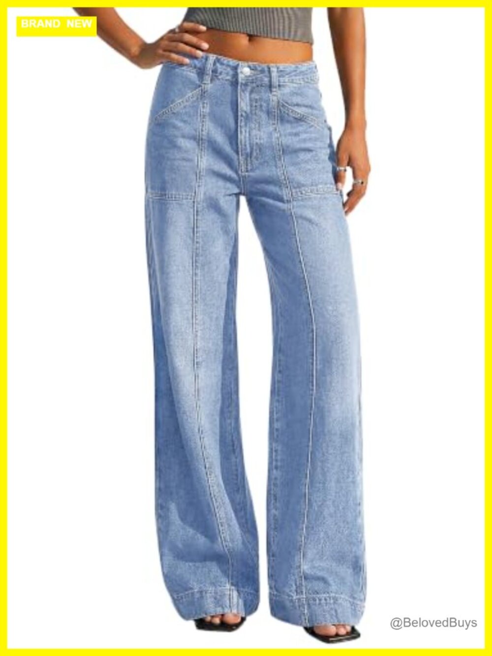 High Waisted Wide Leg Stretchy Straight Leg Baggy Jeans Front Seam Denim Pants - Picture 2 of 7